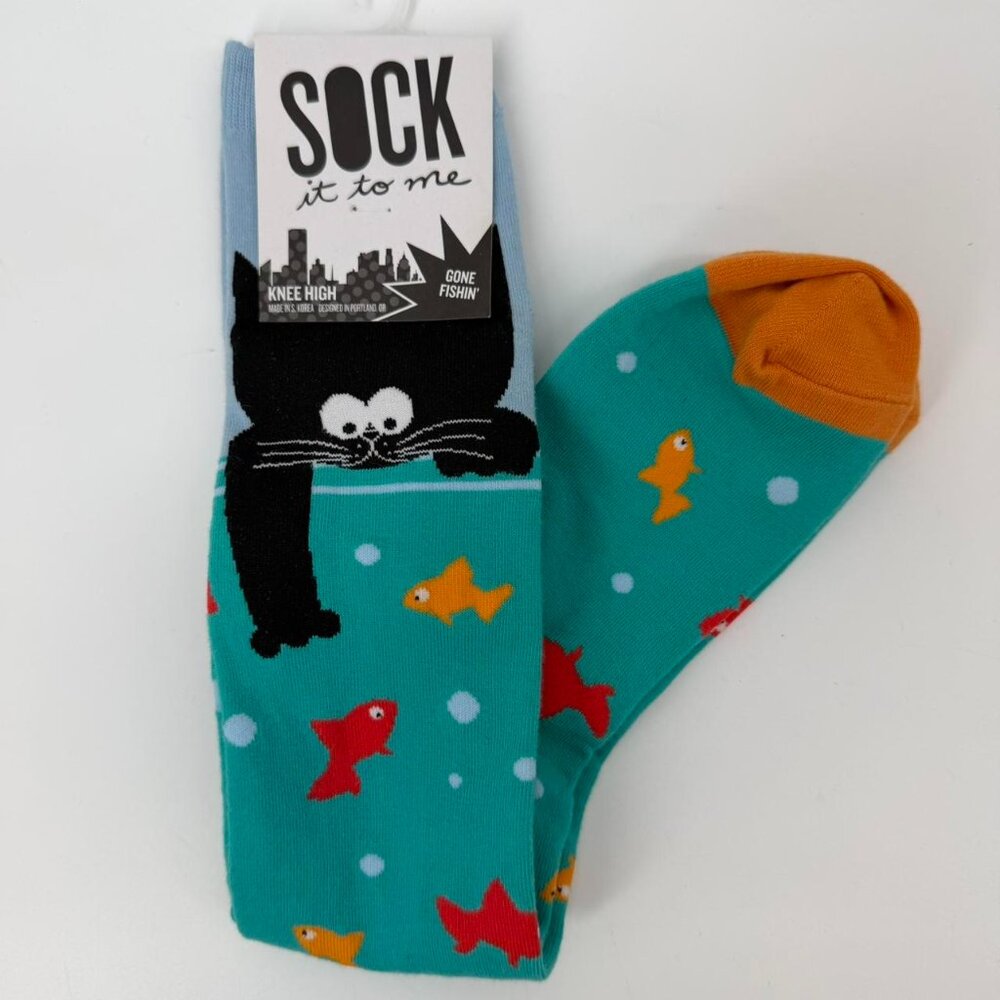 Sock It to Me, Gone Fishing' Unisex Stretch-It Knee-High Socks, Fishy Cat Socks - Picture 3 of 5